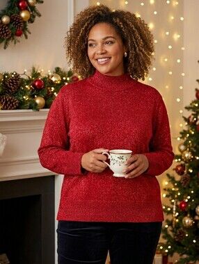 Dressbarn Woman Sparkly Red Mock Neck Sweater Shoulder Pads Size 14/16 L XL